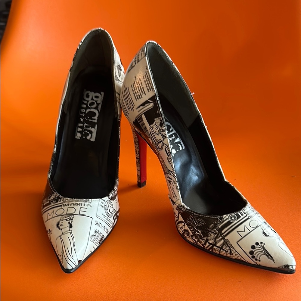 Go Chic Black and White Newspaper Print Pumps.